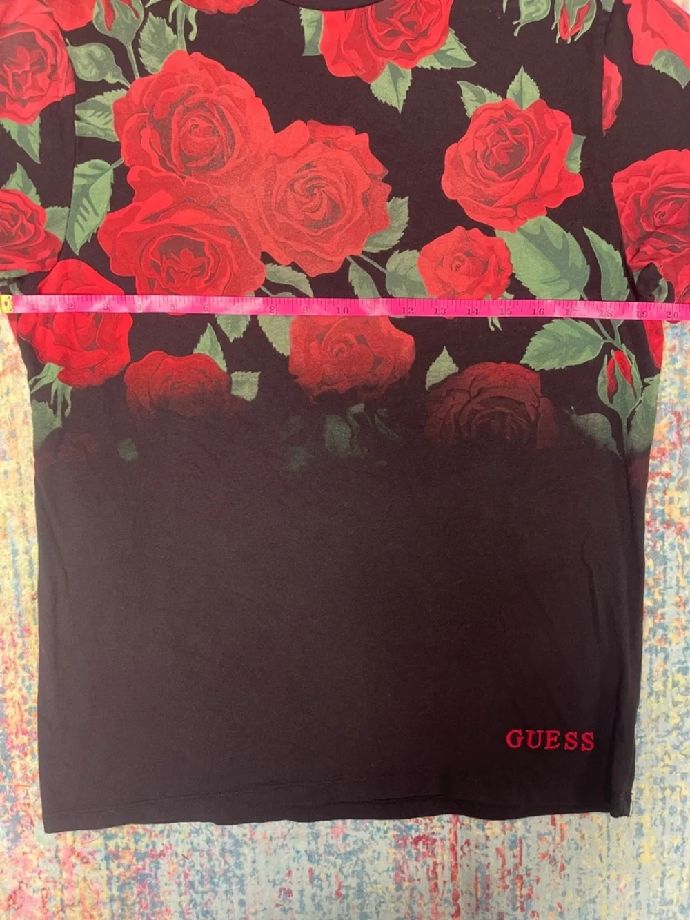GUESS Black Tee with Red Rose Allover Print - Picture 3 of 8